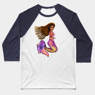Best mermaid gifts 2022. Mermaid  with rainbow coloured colored fins, braids, outstretched  arm, brown eyes, Curly hair  and caramel brown skin - light background Baseball T-Shirt